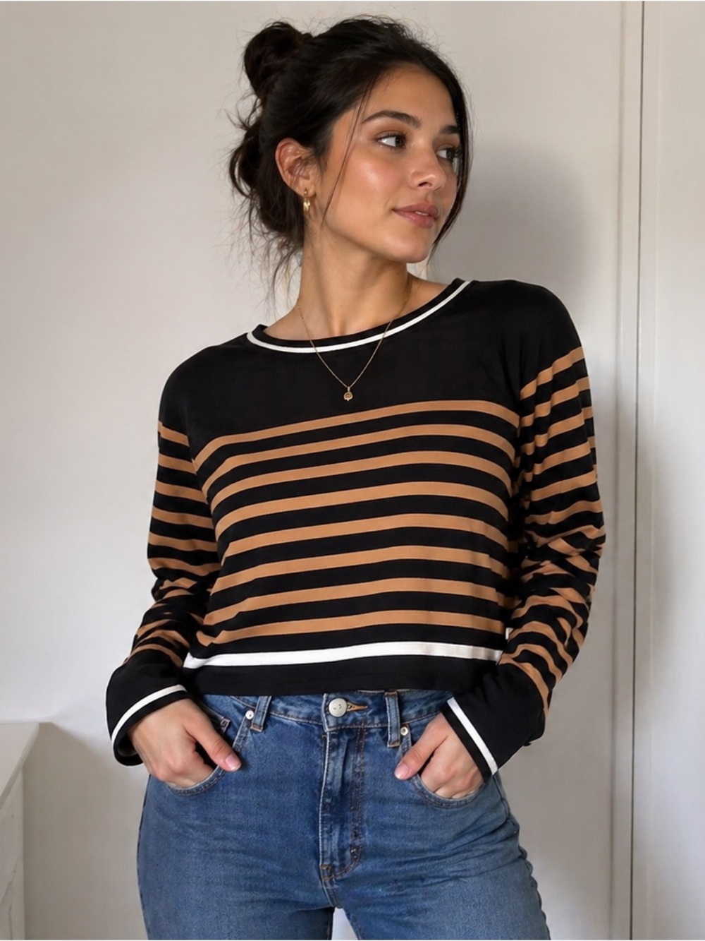 Nautica Black and Tan Striped Long-Sleeve Crewneck Top